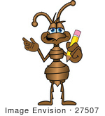 #27507 Clip Art Graphic Of A Brown Ant Insect Mascot Character Holding A Yellow Number 2 Pencil With An Eraser