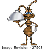 #27508 Clip Art Graphic Of A Brown Ant Insect Mascot Character Carring A Napkin On His Wrist And A Platter With The Other Hand While Serving A Platter