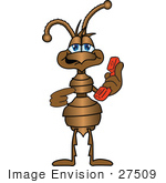 #27509 Clip Art Graphic Of A Brown Ant Insect Mascot Character Holding And Pointing To A Red Telephone Receiver