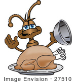 #27510 Clip Art Graphic Of A Brown Ant Insect Mascot Character Serving A Thanksgiving Turkey On A Platter