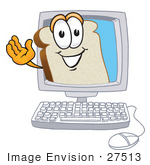#27513 Clip Art Graphic Of A White Bread Slice Mascot Character Waving From Inside A Computer Screen