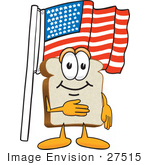 #27515 Clip Art Graphic Of A White Bread Slice Mascot Character Standing In Front Of An American Flag On Flag Day Or The Fourth Of July