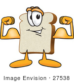 #27538 Clip Art Graphic Of A White Bread Slice Mascot Character Flexing His Strong Bicep Arm Muscles