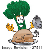 #27544 Clip Art Graphic Of A Broccoli Mascot Character Serving A Cooked Thanksgiving Turkey On A Platter