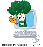 #27556 Clip Art Graphic Of A Broccoli Mascot Character Waving From Inside A Computer Screen