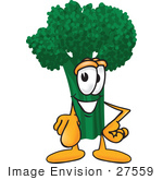 #27559 Clip Art Graphic Of A Broccoli Mascot Character Pointing Outwards