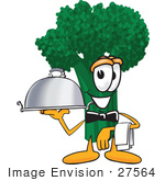 #27564 Clip Art Graphic Of A Broccoli Mascot Character Waiting Tables And Serving A Dinner Platter