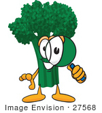 #27568 Clip Art Graphic Of A Broccoli Mascot Character Inspecting And Looking Through A Magnifying Glass