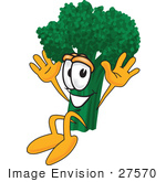 #27570 Clip Art Graphic Of A Broccoli Mascot Character Jumping Excitedly
