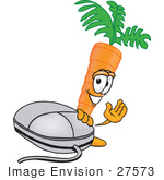 #27573 Clip Art Graphic Of An Organic Veggie Carrot Mascot Character Waving And Standing By A Computer Mouse