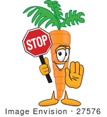 #27576 Clip Art Graphic Of An Organic Veggie Carrot Mascot Character Holding A Stop Sign