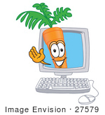 #27579 Clip Art Graphic Of An Organic Veggie Carrot Mascot Character Waving From Inside A Computer Screen