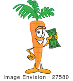 #27580 Clip Art Graphic Of An Organic Veggie Carrot Mascot Character Holding A Green Dollar Bill
