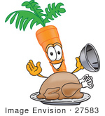 #27583 Clip Art Graphic Of An Organic Veggie Carrot Mascot Character Serving A Thanksgiving Turkey On A Platter