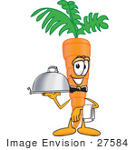 #27584 Clip Art Graphic Of An Organic Veggie Carrot Mascot Character Serving A Platter While Waiting Tables