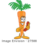 #27588 Clip Art Graphic Of An Organic Veggie Carrot Mascot Character Holding And Pointing To A Red Phone