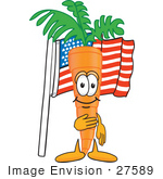 #27589 Clip Art Graphic Of An Organic Veggie Carrot Mascot Character Standing In Front Of An American Flag With One Hand On His Heart