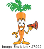 #27592 Clip Art Graphic Of An Organic Veggie Carrot Mascot Character Holding A Megaphone Bullhorn