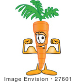 #27601 Clip Art Graphic Of An Organic Veggie Carrot Mascot Character Showing Off His Strength While Flexing His Strong Bicep Arm Muscles