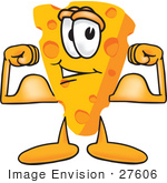 #27606 Clip Art Graphic Of A Swiss Cheese Wedge Mascot Character Flexing His Arm Muscles
