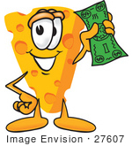 #27607 Clip Art Graphic Of A Swiss Cheese Wedge Mascot Character Holding A Green Dollar Bill