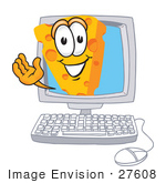 #27608 Clip Art Graphic Of A Swiss Cheese Wedge Mascot Character Waving From Inside A Computer Screen