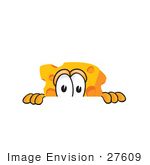 #27609 Clip Art Graphic Of A Swiss Cheese Wedge Mascot Character Peeking Over A Surface