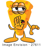 #27611 Clip Art Graphic Of A Swiss Cheese Wedge Mascot Character Whispering And Telling A Secret