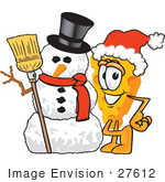 #27612 Clip Art Graphic Of A Swiss Cheese Wedge Mascot Character Standing By A Snowman
