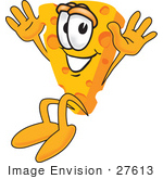 #27613 Clip Art Graphic Of A Swiss Cheese Wedge Mascot Character Jumping