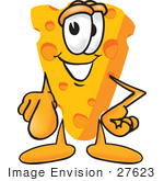 #27623 Clip Art Graphic Of A Swiss Cheese Wedge Mascot Character Pointing Outwards At The Viewer