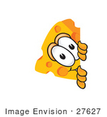 #27627 Clip Art Graphic Of A Swiss Cheese Wedge Mascot Character Sneakily Peeking Around A Corner