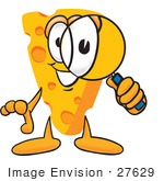 #27629 Clip Art Graphic Of A Swiss Cheese Wedge Mascot Character Looking Through A Magnifying Glass
