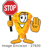 #27630 Clip Art Graphic Of A Swiss Cheese Wedge Mascot Character Holding A Stop Sign