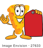 #27633 Clip Art Graphic Of A Swiss Cheese Wedge Mascot Character Holding A Blank Red Sales Price Tag