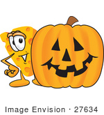 #27634 Clip Art Graphic Of A Swiss Cheese Wedge Mascot Character Standing Beside A Carved Halloween Pumpkin