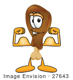 #27643 Clip Art Graphic Of A Chicken Drumstick Mascot Character Flexing His Arm Muscles