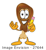 #27644 Clip Art Graphic Of A Chicken Drumstick Mascot Character Holding A Pencil
