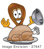 #27647 Clip Art Graphic Of A Chicken Drumstick Mascot Character Serving A Thanksgiving Turkey On A Platter