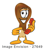 #27649 Clip Art Graphic Of A Chicken Drumstick Mascot Character Holding A Telephone