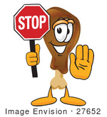 #27652 Clip Art Graphic Of A Chicken Drumstick Mascot Character Holding A Stop Sign