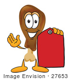 #27653 Clip Art Graphic Of A Chicken Drumstick Mascot Character Holding A Red Sales Price Tag