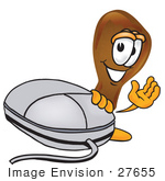 #27655 Clip Art Graphic Of A Chicken Drumstick Mascot Character With A Computer Mouse