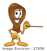 #27656 Clip Art Graphic Of A Chicken Drumstick Mascot Character Holding A Pointer Stick