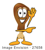 #27658 Clip Art Graphic Of A Chicken Drumstick Mascot Character Waving And Pointing