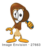 #27663 Clip Art Graphic Of A Chicken Drumstick Mascot Character Looking Through A Magnifying Glass