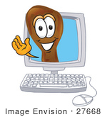 #27668 Clip Art Graphic Of A Chicken Drumstick Mascot Character Waving From Inside A Computer Screen