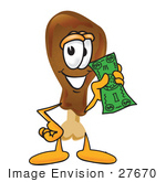 #27670 Clip Art Graphic Of A Chicken Drumstick Mascot Character Holding A Dollar Bill