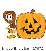 #27672 Clip Art Graphic Of A Chicken Drumstick Mascot Character With A Carved Halloween Pumpkin