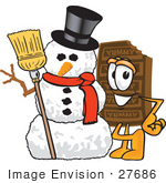 #27686 Clip Art Graphic Of A Chocolate Candy Bar Mascot Character With A Snowman On Christmas